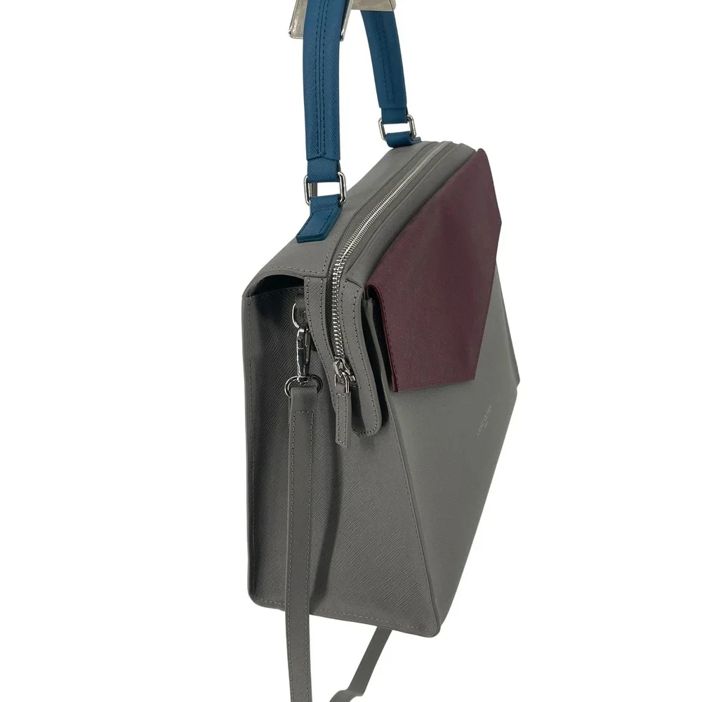 Lancaster Paris Colorblock Saffiano Leather Structured Satchel Bag grey burgundy